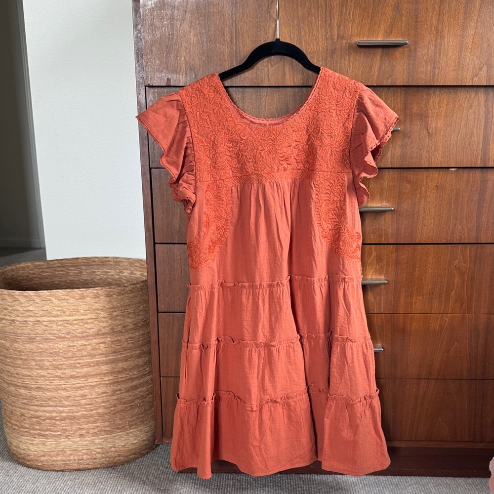 Embroidered Tiered Mini Dress - Rust